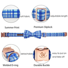 Elegant little tail blue plaid bow attached to collar, ideal for festive looks.