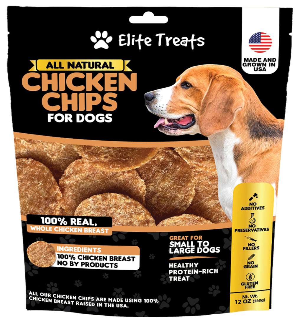 Elite Treats Chicken Chips in a resealable bag, ideal for training rewards.