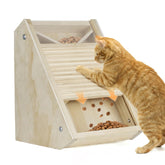 Elixique Interactive Cat Toy with wood panel inviting playful tapping for kibble rewards.