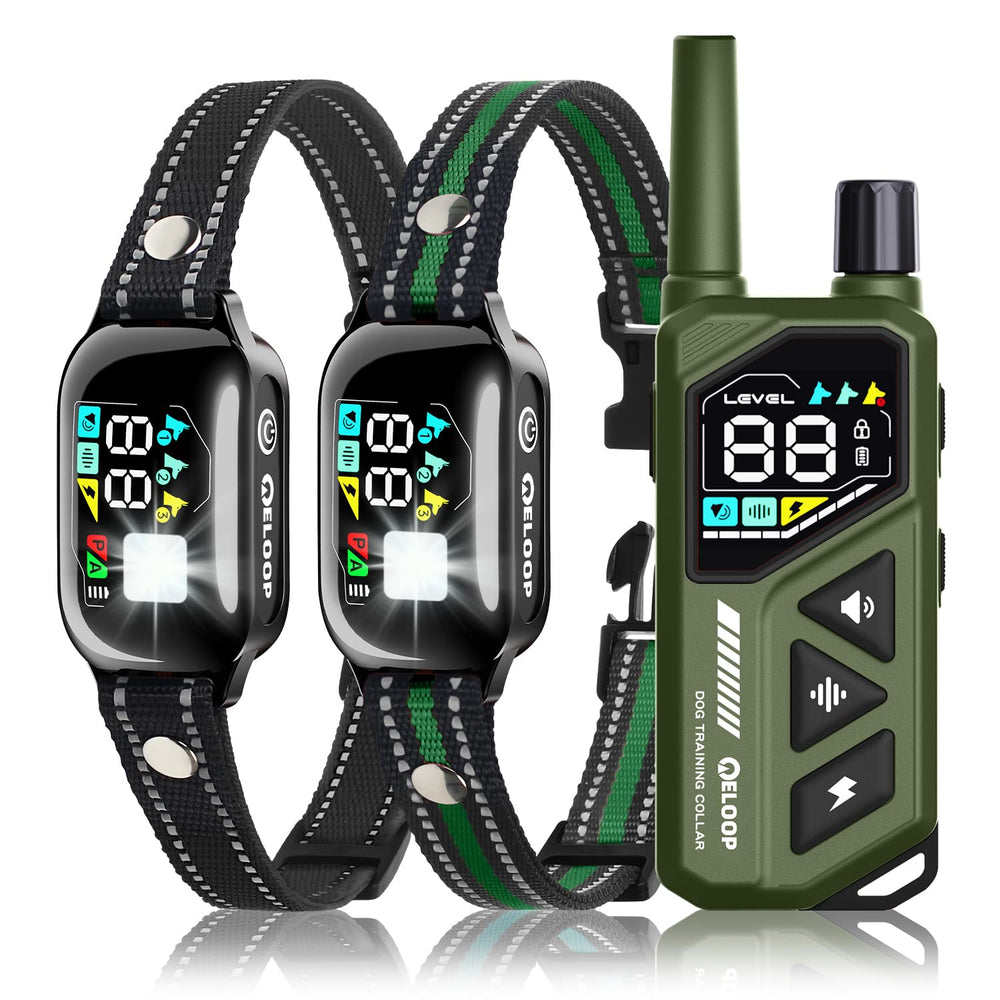 ELOOP Smart Dog Training Collar remote setup showing two-dog control capabilities