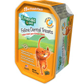 Emerald Pet cat dental treats chicken-tub: crunchy texture supports teeth cleaning and fresh breath.