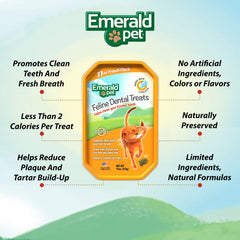 Emerald Pet cat dental treats crunch-closeup: satisfying chew action aids tartar control.