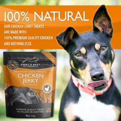 Close-up of Emmy's Best EBPP chicken jerky strips showing real chicken texture.