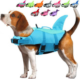 EMUST dog life vest in pool blue shark design for buoyant water fun