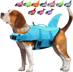 EMUST Shark dog life vest front view with buoyant panels for safe swimming.