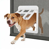 Enjoying dog door with magnetic swing flap on a screen door enables easy pet access.