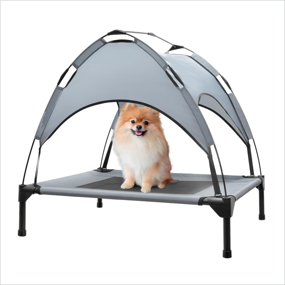 Eofritt outdoor elevated dog bed with canopy provides shaded comfort for camping dogs.