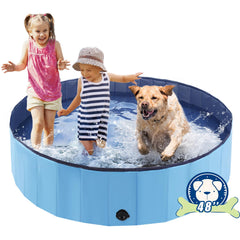 Eooqi Foldable Dog Pool blue, fully expanded for outdoor splash.