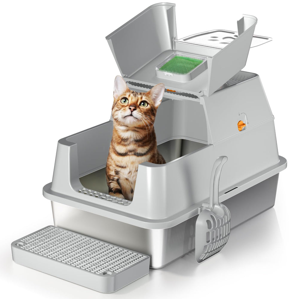 Eosarcu flip-top lid enables quick, hands-free cleaning on a stainless steel litter box.