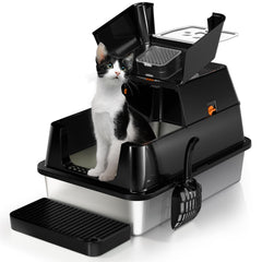 Eosarcu stainless steel cat litter box with flip-top lid for quick cleaning.