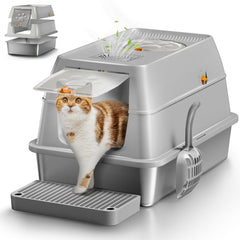 Eosarcu stainless steel litter box with lid; front view shows tidy, concealed space
