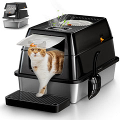 Eosarcu XL stainless steel litter box with lid shows odor control and clean appearance.