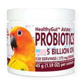 Equa Holistics HealthyGut avian probiotics bottle supports daily parrot digestion.