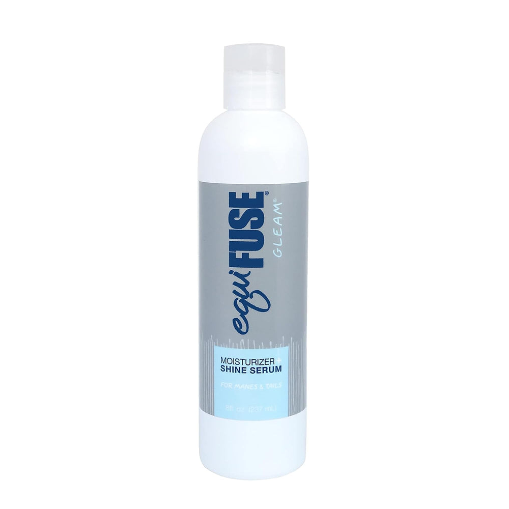 EquiFUSE Gleam bottle close-up showing radiant shine on horse hair.