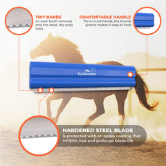 EquiGroomer blue brush highlights efficient deshedding for large pets.