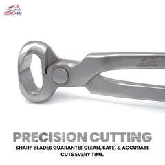 Equine Care hoof nipper 12-inch in-use on pony demonstrates balanced leverage.