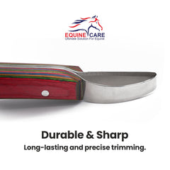 Equine Care hoof trimming loop knife sheet-handle close-up shows ergonomic grip