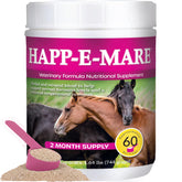 Equine Medical Happ-E-Mare powder bottle promotes calm demeanor in mares during seasonal transitions.