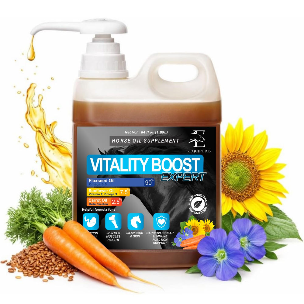 EQUIPURE Equine Oil packaging with pump enables precise daily dosing.