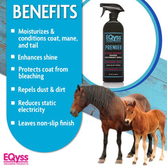 Eqyss Premier Equine Rehydrant Spray coat close-up with natural shine and non-slip finish.