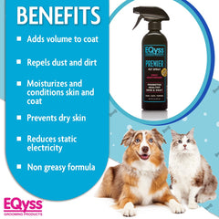 Eqyss Premier Pet Spray demonstrates dust and dirt repellent action.