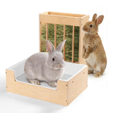 Essenhome extra-large 2-in-1 rabbit litter box and hay feeder setup in wood.