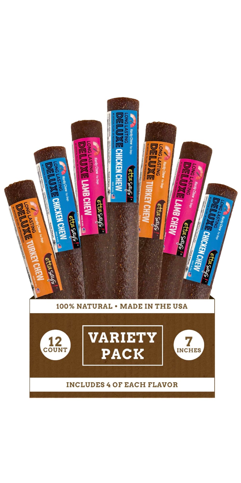 etta says! deluxe crunchy dog chews 7inch pack shot highlights variety and USA-made quality.