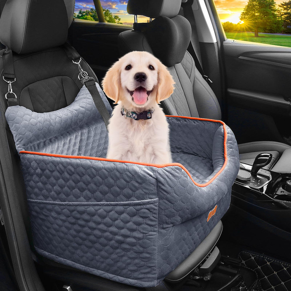 EUHAMS dog car seat memory foam booster provides elevated viewing and comfort.