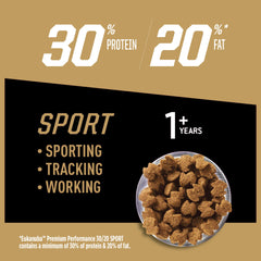 Eukanuba 30/20 Sport kibble close-up showcasing high-protein formula