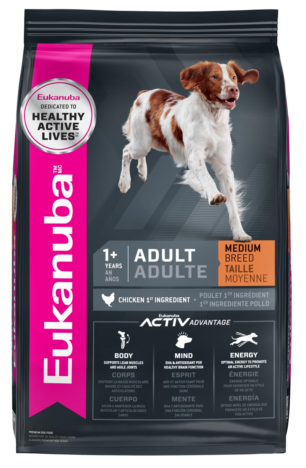 Eukanuba Adult Medium Breed dry dog food bag showing balanced nutrition for daily energy