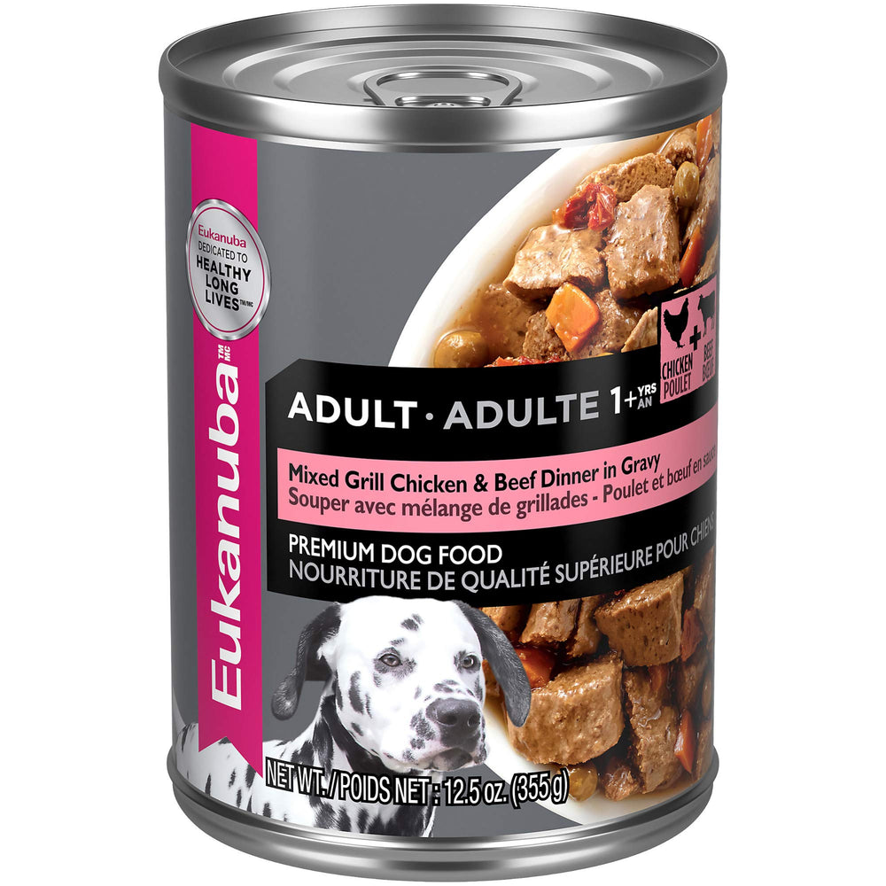 Eukanuba Adult Mixed Grill Chicken & Beef Dinner pack of 12 cans for convenient feeding.