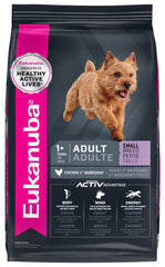 Eukanuba Adult Small Breed dry dog food bag showing complete nutrition for small dogs.