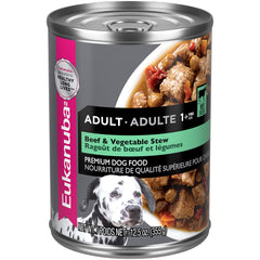 Eukanuba Beef & Vegetable Stew wet dog food can, protein-rich meal for active dogs.