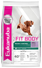 Eukanuba Fit Body Small Breed bag shows 15 lb packaging for weight control.