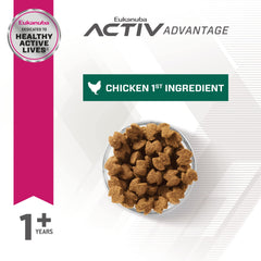 Eukanuba Fit Body Weight Control kibble closeup highlights chicken-first ingredient and quality nutrition.