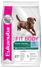 Eukanuba Fit Body Weight Control large-breed dry dog food bag promotes weight management.