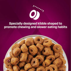 Eukanuba Premium Performance Pro puppy kibble cylinder promotes chewing during feeding.