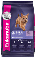 Eukanuba Puppy Small Breed bag front shows complete nutrition for growth and energy