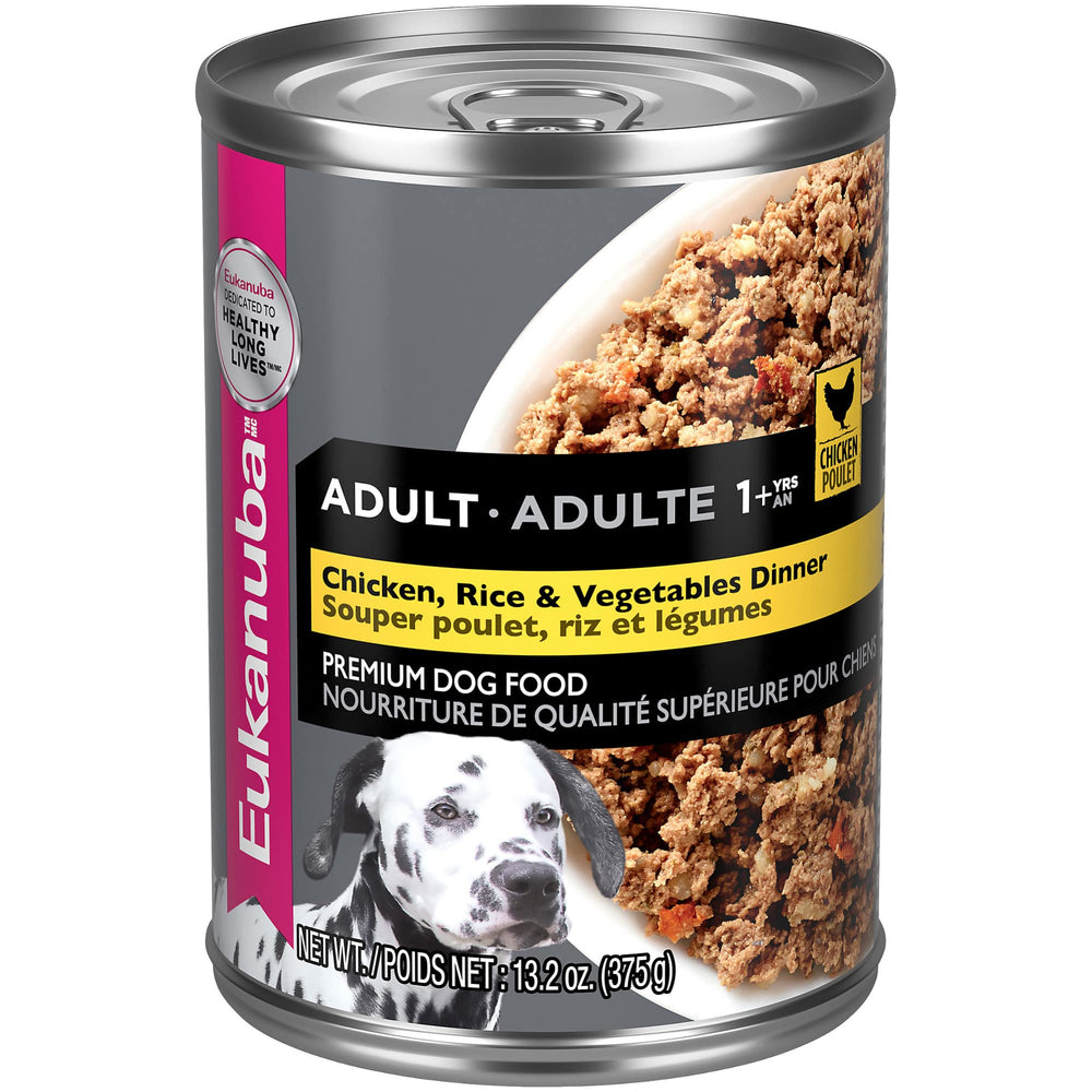 Eukanuba adult wet food pack shows complete nutrition for active dogs.