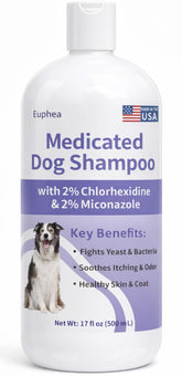 Euphea medicated dog shampoo bottle pour demonstrating gentle cleansing for itchy skin.