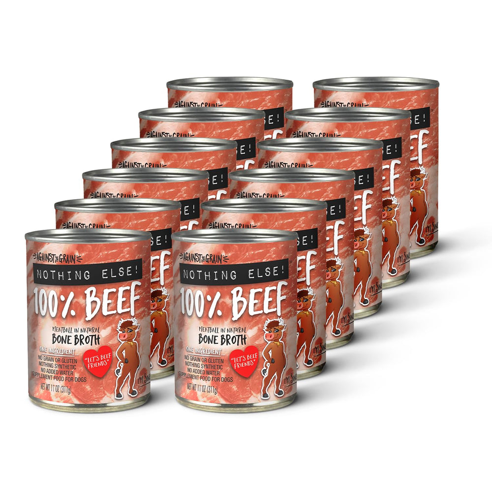 Evanger's Against The Grain beef dog food can shows a simple single-ingredient formula.