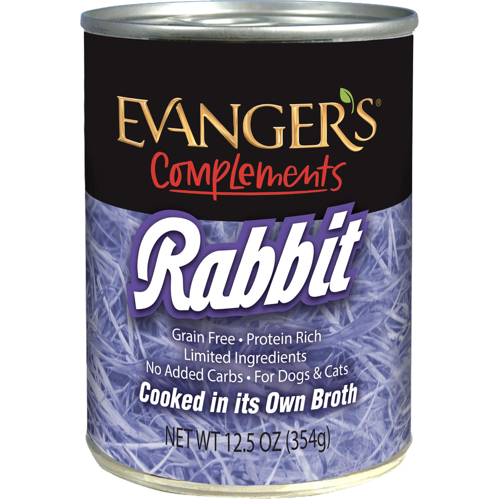 Evanger's Complements Rabbit can in broth shows single-protein option for limited-ingredient meals.