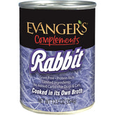 Evanger's Complements Rabbit can in broth shows single-protein option for limited-ingredient meals.
