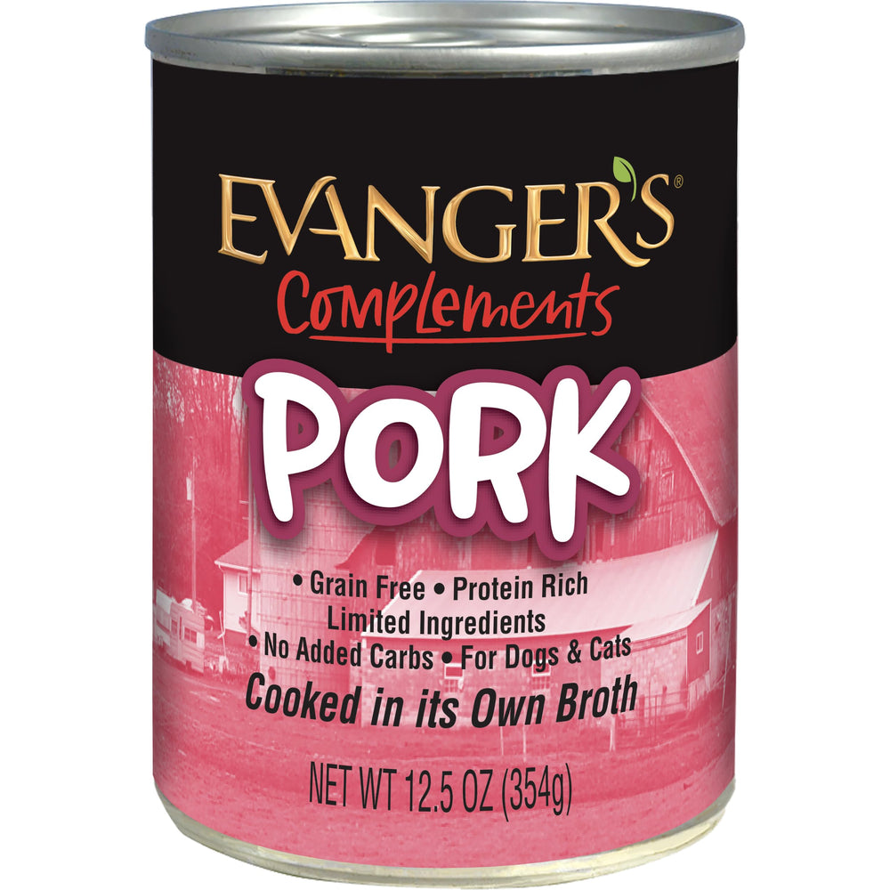 Evanger's grain-free pork can close-up showing simple ingredients for sensitive stomachs.