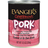 Evanger's grain-free pork can close-up showing simple ingredients for sensitive stomachs.