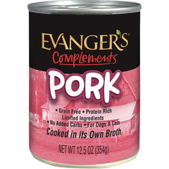 Evanger's grain-free pork can close-up showing simple ingredients for sensitive stomachs.