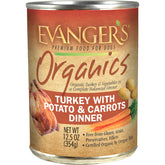 Evanger's Organic Turkey Dinner 12-pack front label showing convenient all-in-one meal