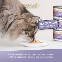 Evanger's ingredient panel emphasizes limited ingredients and absence of chicken or gluten