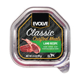 Evolve Classic Lamb Wet Dog Food packaging highlights wholesome ingredients for small dogs.