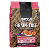 Image of Evolve grain-free salmon dog food bag showing protein-rich nutrition for adult dogs.